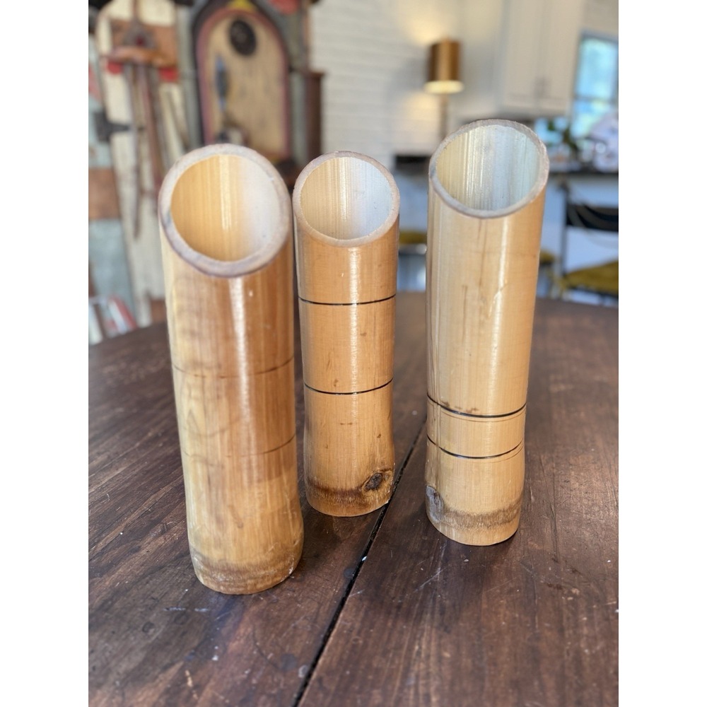 Lot Of 3 Natural Japanese Bamboo Vases Vintage Boho Whimsy Cylindrical